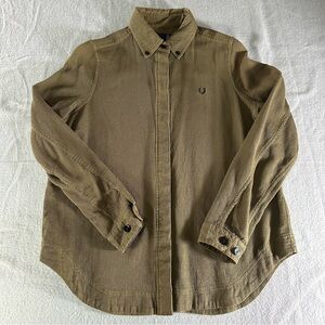 Fred Perry Women’s Olive Waffle Knit Button-Up Shirt US 6 UK 12 Laurel Logo